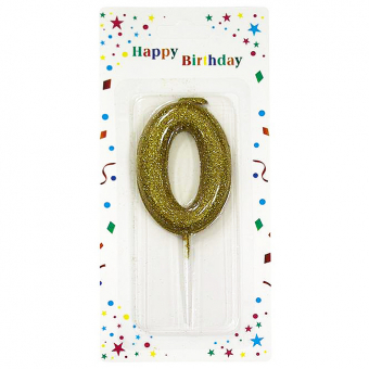 Купить Свеча-цифра в торт «0» золотая с глиттером 6 см оптом